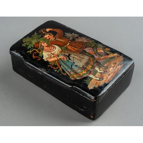 611 - An early 19th century Russian papiermache box, the hinged cover painted with a courting couple, appr... 