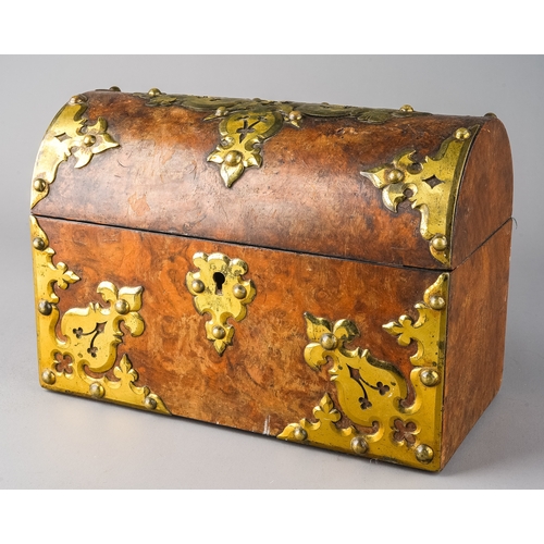 619 - A gothic burr walnut and brass sloped box, approx 23cm wide x 11.7cm deep x 16cm high