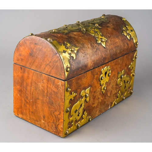 619 - A gothic burr walnut and brass sloped box, approx 23cm wide x 11.7cm deep x 16cm high