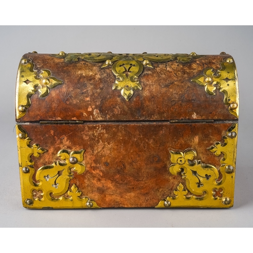 619 - A gothic burr walnut and brass sloped box, approx 23cm wide x 11.7cm deep x 16cm high