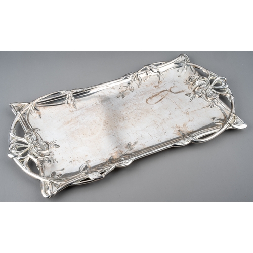 622 - A Christofle Gallia Art-Nouveau plated card tray, of foliate pierced rectilinear form, numbered to u... 