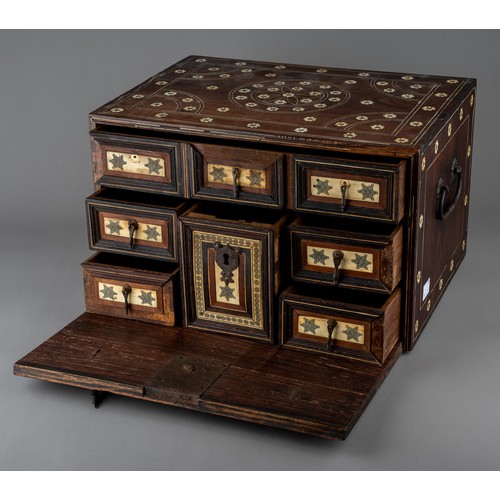 623 - An antique Indo-Portuguese ivory inlaid cabinet / casket. 17th / 18th century with hinged fall front... 