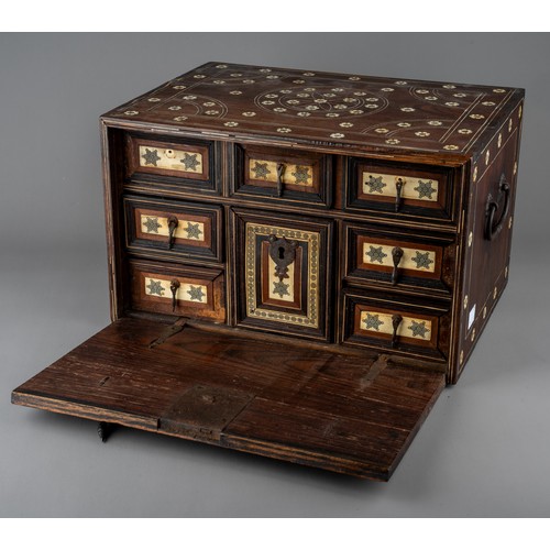 623 - An antique Indo-Portuguese ivory inlaid cabinet / casket. 17th / 18th century with hinged fall front... 