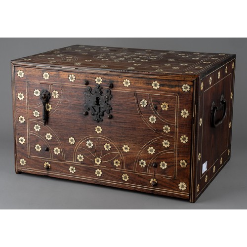 623 - An antique Indo-Portuguese ivory inlaid cabinet / casket. 17th / 18th century with hinged fall front... 