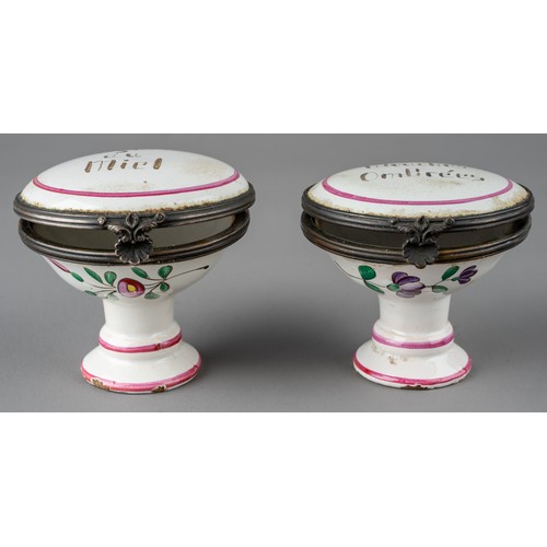 628 - A pair of early 19th century French bronze mounted faience dressing table / chemists pots, 'Onguent ... 