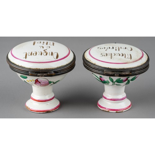 628 - A pair of early 19th century French bronze mounted faience dressing table / chemists pots, 'Onguent ... 