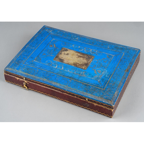 630 - Irish Interest: an early 19th century tooled leather box mounted with an engraved silver plaque whic... 