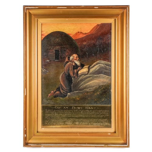 645 - Oil on canvas, depicting a saint man, with a brass plaque in Welsh  COF AM DEWI SANT, in a gilt fram... 