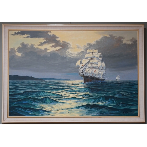 647 - Keith English (1935-2016)
Galleons at sea
oil on canvss, 60 x 90cm, framed
signed lower right