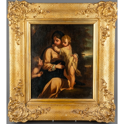 654 - An 18th / 19th century oil painting on board.  Madonna with child and St John, after Annibale Carrac... 