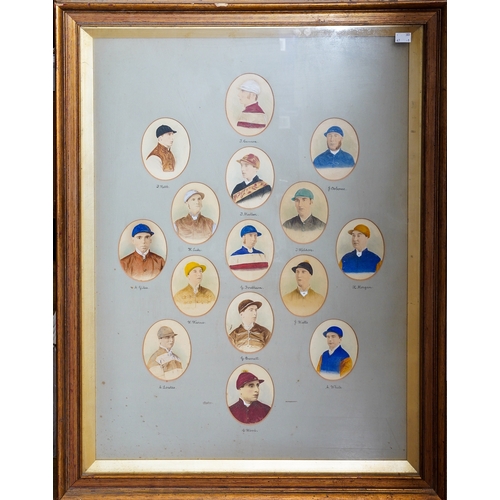 656 - Victorian framed collection of fifteen, 19th century champion jockey miniature watercolour portraits... 