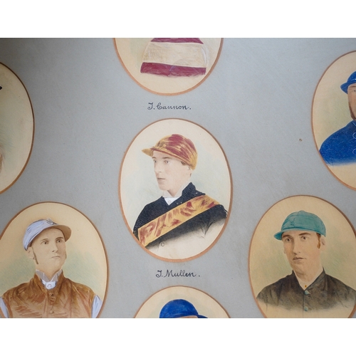 656 - Victorian framed collection of fifteen, 19th century champion jockey miniature watercolour portraits... 