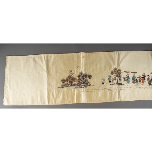 662 - An early 20th Century Chinese long cream silk panel embroidered with figures walking each wearing su... 