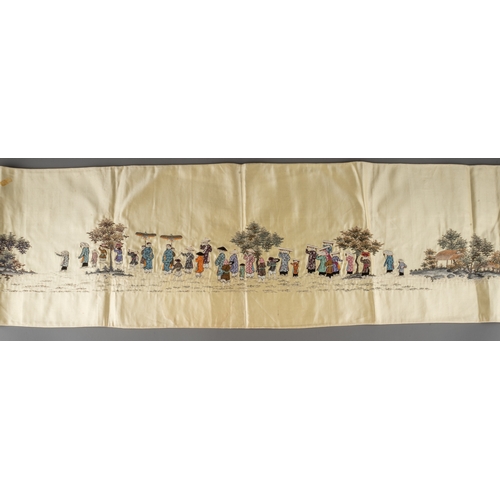 662 - An early 20th Century Chinese long cream silk panel embroidered with figures walking each wearing su... 