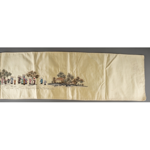 662 - An early 20th Century Chinese long cream silk panel embroidered with figures walking each wearing su... 