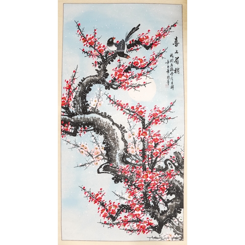 671 - Two Japanese large wall hangings each printed with birds, both signed, on turned supports, in printe... 