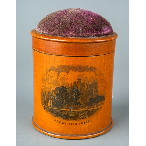 673 - Tunbridge Ware Westminster Abbey and Windsor Castle treen pin cushion with purple velvet topped lid,... 