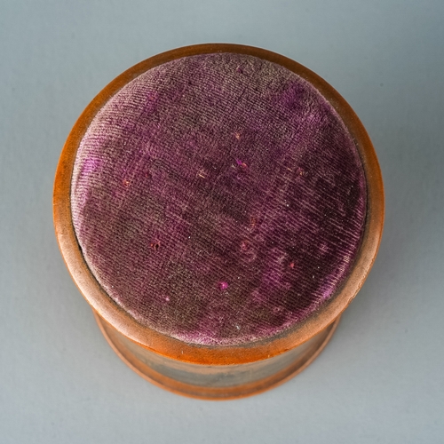 673 - Tunbridge Ware Westminster Abbey and Windsor Castle treen pin cushion with purple velvet topped lid,... 