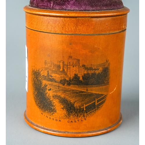 673 - Tunbridge Ware Westminster Abbey and Windsor Castle treen pin cushion with purple velvet topped lid,... 