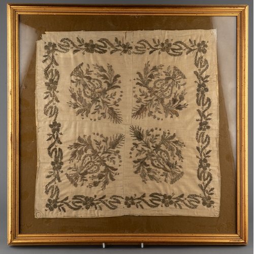 679 - An early embroidery needlework square in bullion thread. Made in four sections, later framing.

The ... 