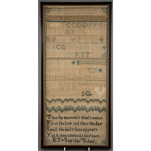 680 - A 19th century silk on linen needlework sampler by Sarah Quartly - dated 1833.  Embroidered at the E... 