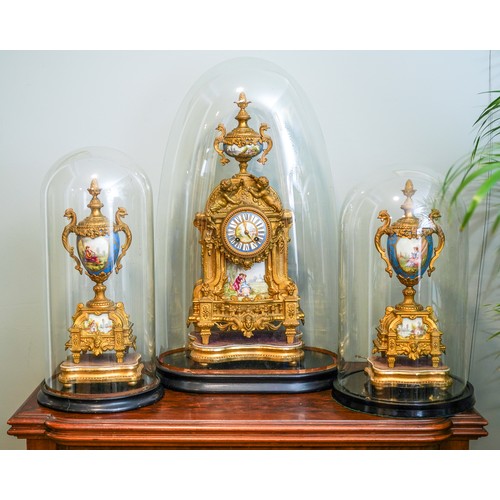 685 - A 19th Century French gilt metal mounted Sevres style clock garniture, the panels painted with 18th ... 