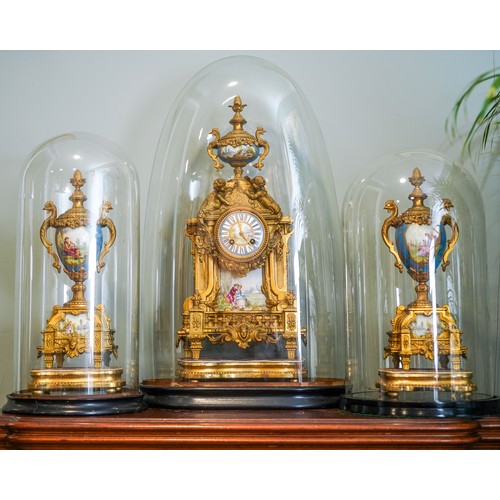 685 - A 19th Century French gilt metal mounted Sevres style clock garniture, the panels painted with 18th ... 