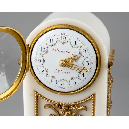 689 - A 19th century French white marble clock, with Ormalu bronze mounts, made in Paris by Planchon, appr... 