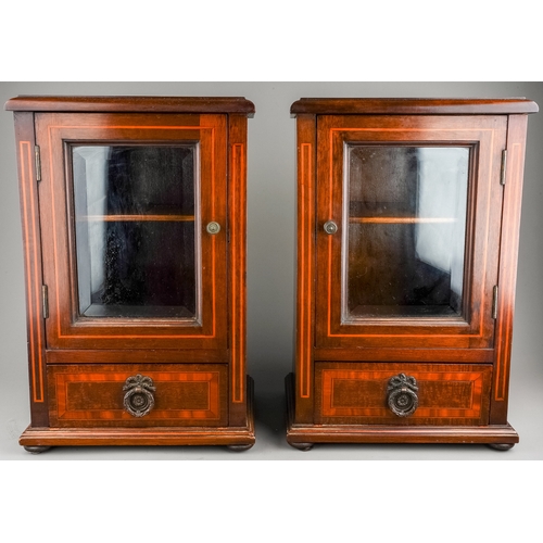 691 - A pair of 19th century mahogany collectors cabinets with beveled glass fronts, shelves and a drawer,... 