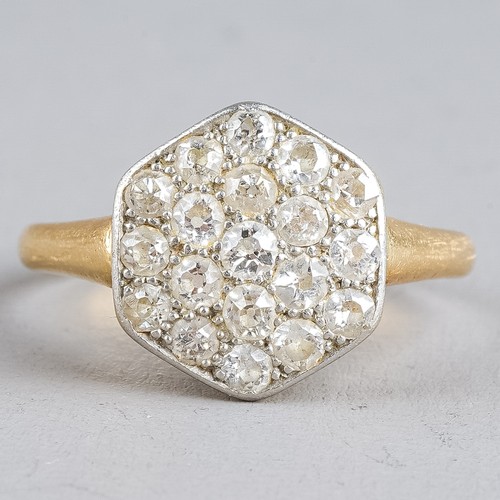 105 - An early 20th century 18ct yellow gold and diamond hexagonal cluster ring, pave-set old-cut diamonds... 