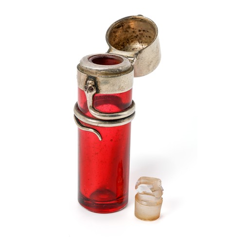 566 - A Victorian silver mounted cranberry glass scent bottle, the cylindrical glass base applied with a c... 