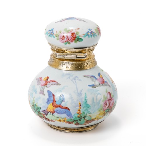 563 - A late 19th/ early 20th century continental porcelain scent bottle, enameled with fanciful birds and... 