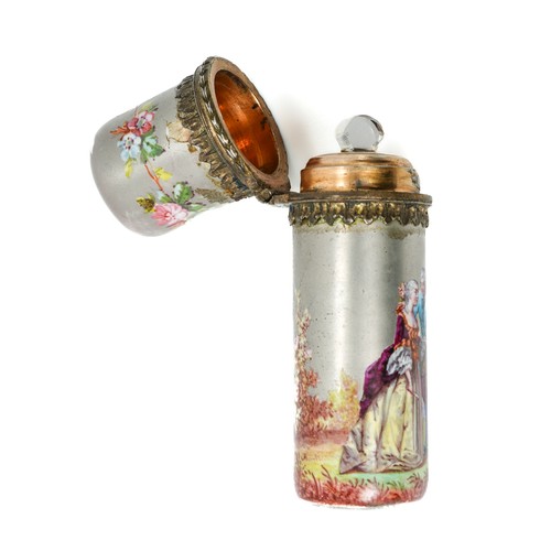 564 - A continental silver-mounted porcelain scent bottle, of tubular form with hinged cover and glass sto... 