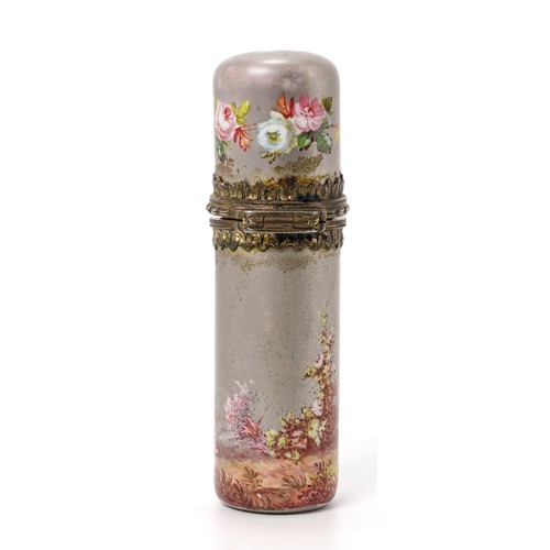 564 - A continental silver-mounted porcelain scent bottle, of tubular form with hinged cover and glass sto... 