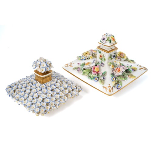 565 - Two Rockingham scent bottles and stoppers c.1830-40, each of flattened square form, one encrusted wi... 