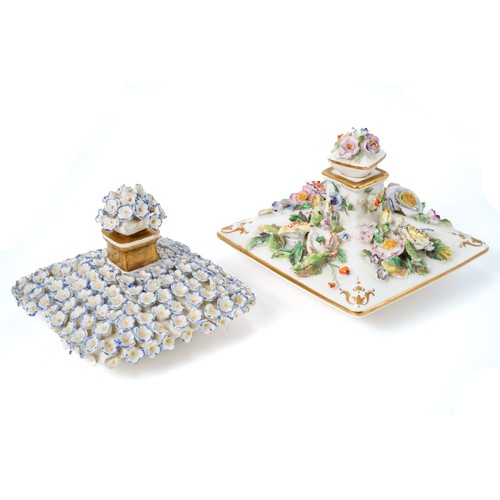 565 - Two Rockingham scent bottles and stoppers c.1830-40, each of flattened square form, one encrusted wi... 