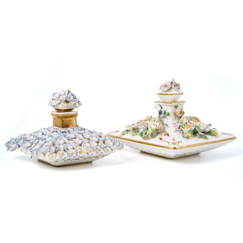 565 - Two Rockingham scent bottles and stoppers c.1830-40, each of flattened square form, one encrusted wi... 