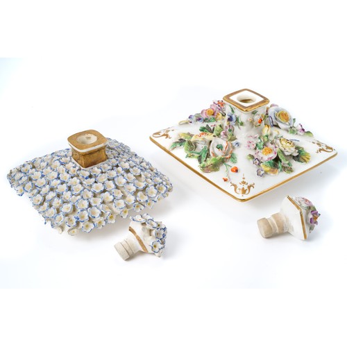 565 - Two Rockingham scent bottles and stoppers c.1830-40, each of flattened square form, one encrusted wi... 