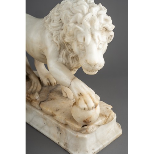 631 - A pair of 18th / 19th century grand tour carved alabaster Medici lions, on separate plinths, each ap... 