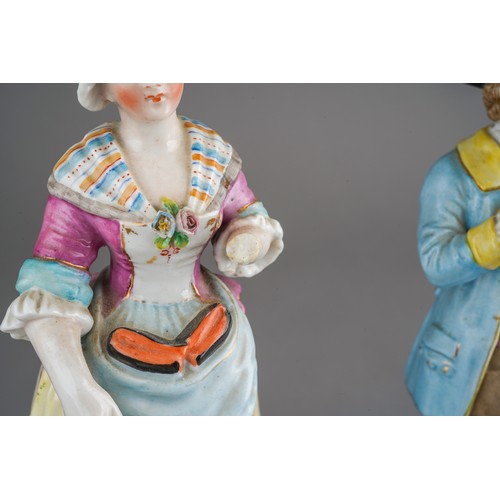 488 - A pair of 19th century Meissen porcelain figures,  crossed swords mark to the base, each approximate... 