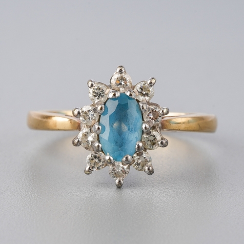 7 - A 9ct yellow gold aquamarine and diamond cluster ring, size Q, total gross weight approx 2.6g