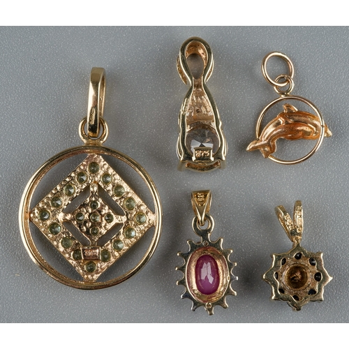 10 - A collection of gem-set pendants, including sapphire, ruby, CZ, etc, stamped 375, together with an u... 