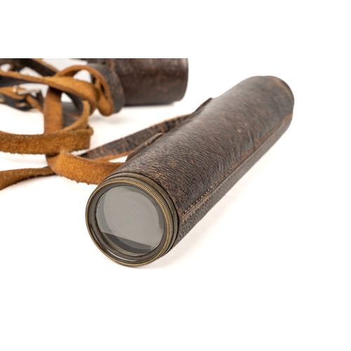 23 - A WW1 military three-draw brass telescope, in leather case, inscribed THE VOLUNTEER JH STEWARD 406 &... 