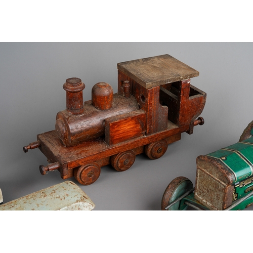 33 - A collection of English vintage tin plate toys to include: Mettoy type clockwork tractor (mechanism ... 