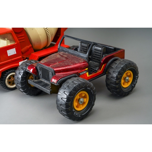 42 - Tonka Toys.  A large scale crane truck, a metallic red Jeep and an orange cement mixer (3)