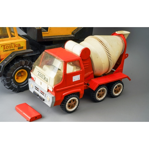 42 - Tonka Toys.  A large scale crane truck, a metallic red Jeep and an orange cement mixer (3)