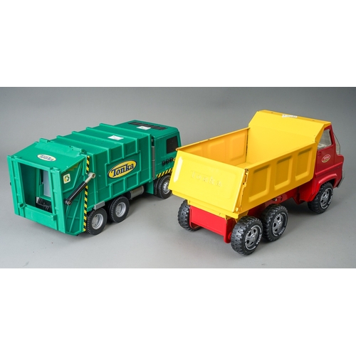 48 - Tonka Toys. A red/yellow 6 wheel tipper truck together with a green plastic bodied 6 wheel refuse tr... 