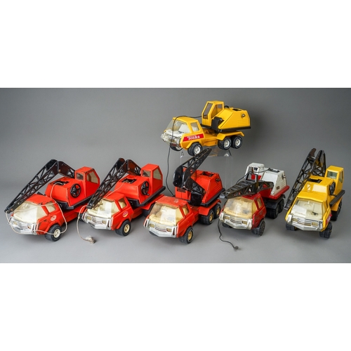 62 - Tonka Toys.  A collection of medium scale 6 wheel crane trucks, 4 red and 2 yellow AF (6)