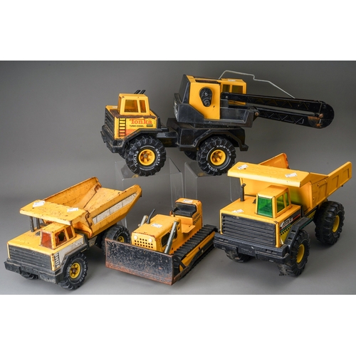 74 - Tonka Toys.  A collection of 4 large scale vehicles, 2 x dumper truck, 4 wheel crane truck and track... 