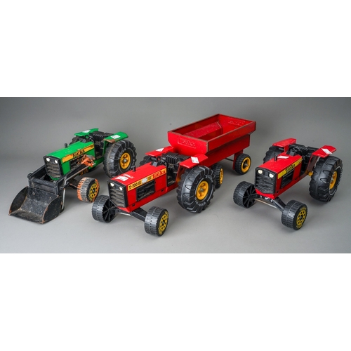 93 - Tonka Toys.  3 large scale tractors (2 red, 1 green) plus a red trailer (4)